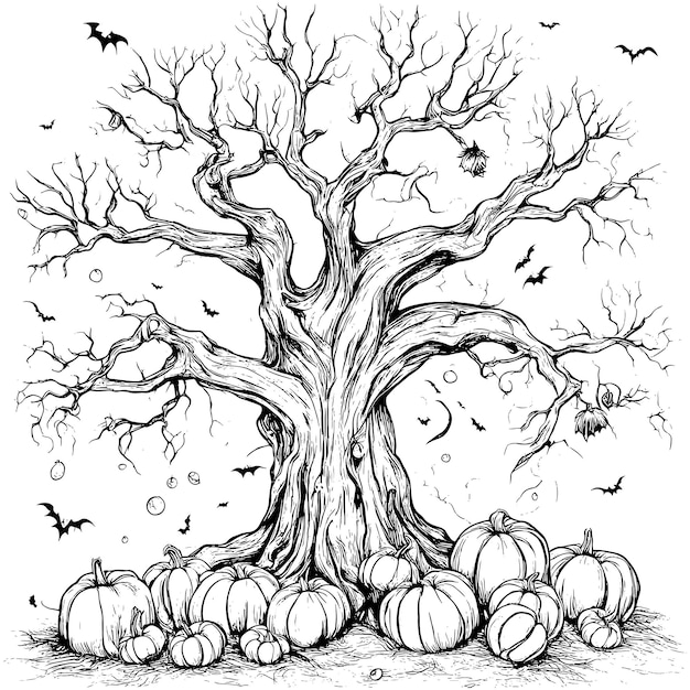 Vecteur d'arbre effrayant d'Halloween avec croquis de citrouille d'Halloween isolé sur fond blanc Arbre d'Halloween dans un style vintage et illustration vectorielle de citrouille