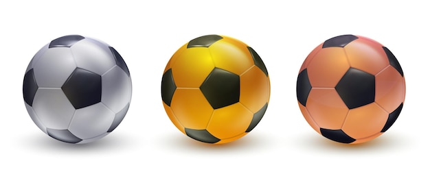 Vecteur de ballons de football sur fond blanc illustration 3d de ballon de football or argent et bronze