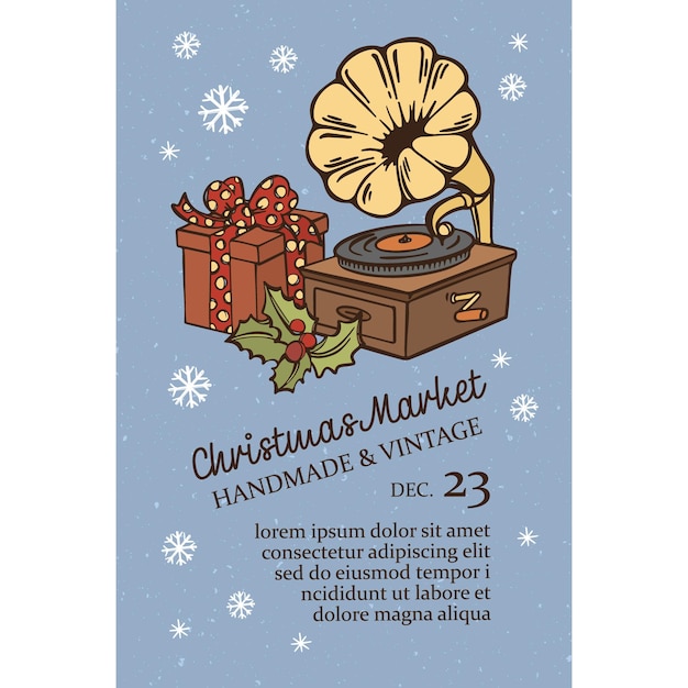 Vecteur De Bannière De Marché De Gramophone Et De Vinyle De Noël Fait à La Main