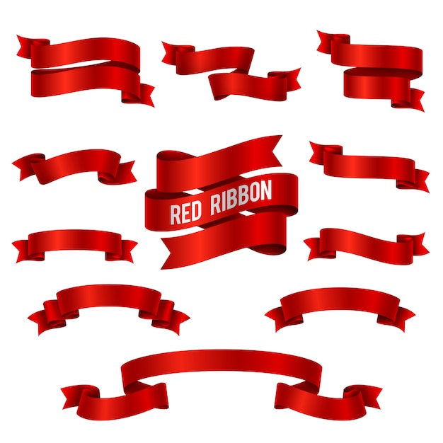 Vecteur de bannières de ruban 3d de soie rouge isolé. Illustration de la collection de ruban rouge pour décoration swirl