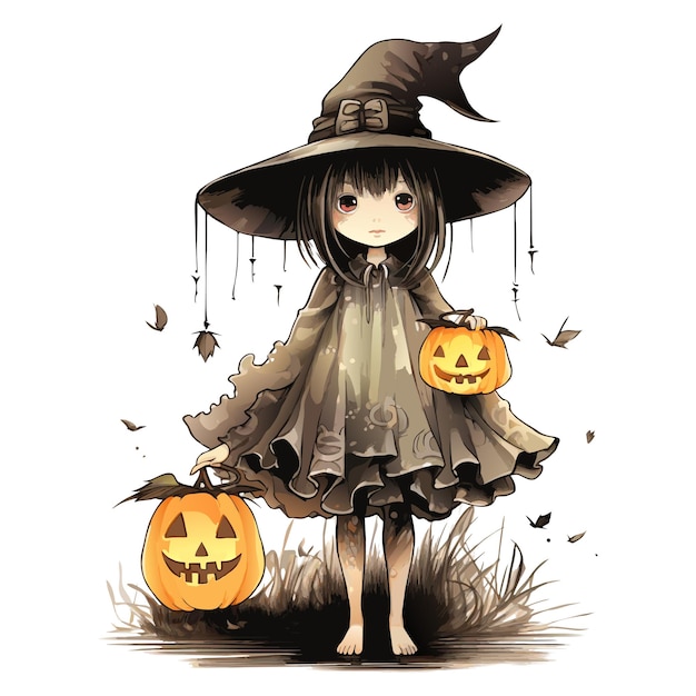 vecteur belle fille avec citrouilles sorcière effrayante avec jack o lanternes une fille avec chapeau illustration vectorielle sur fond blanc
