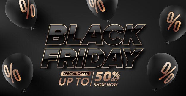 Vecteur de Black Friday Poster ou bannière avec Black Balloons Discount Sign sur fond noir
