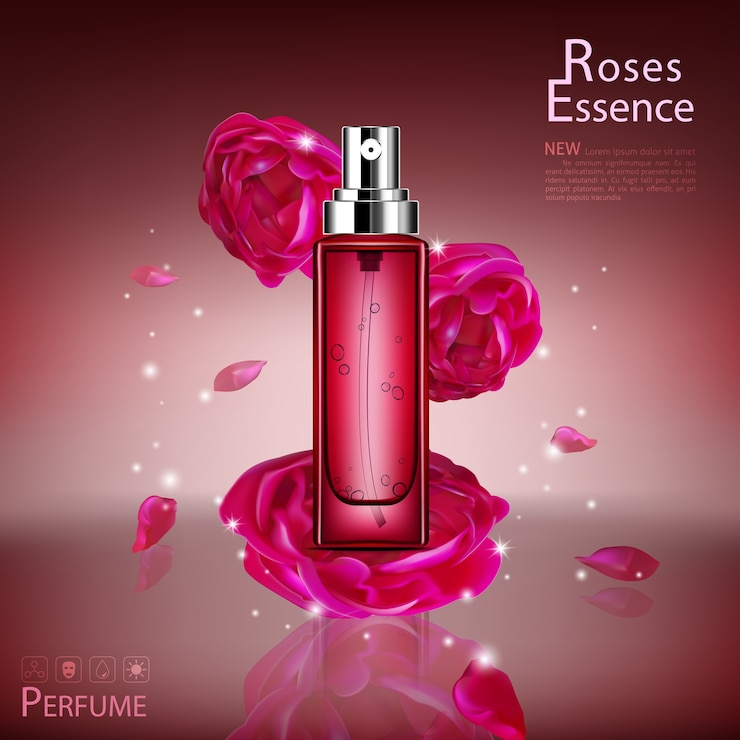Vecteur vecteur bouteille de roses cosmétique maquette