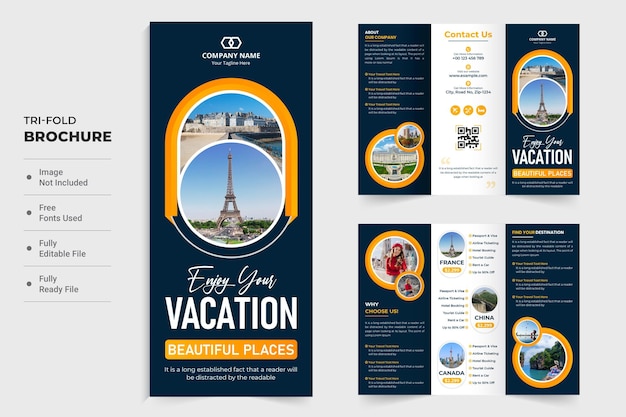 Vecteur de brochure à trois volets de groupe de tourisme avec des couleurs orange sur fond sombre Conception d'affiche d'agence de planificateur de tournée pour le marketing Modèle de brochure promotionnelle d'entreprise de voyage avec des espaces réservés pour photo