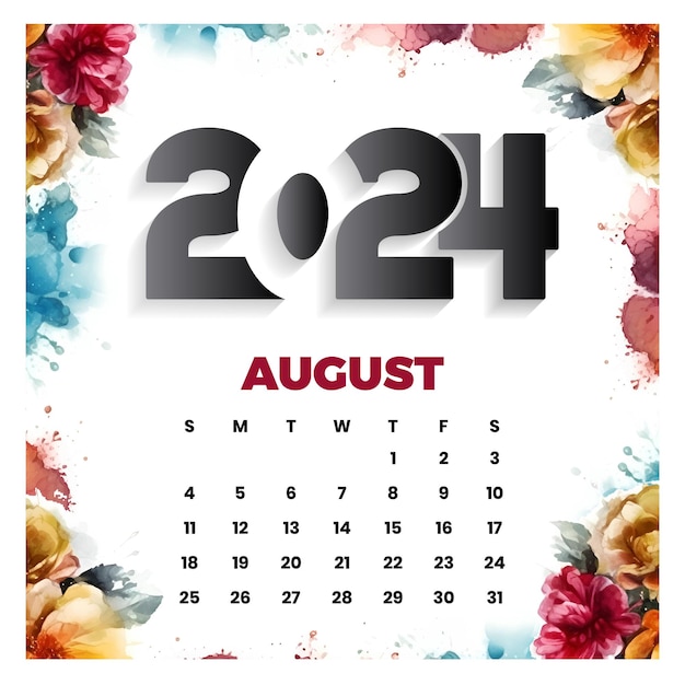 Vecteur vecteur calendrier floral d'août 2024