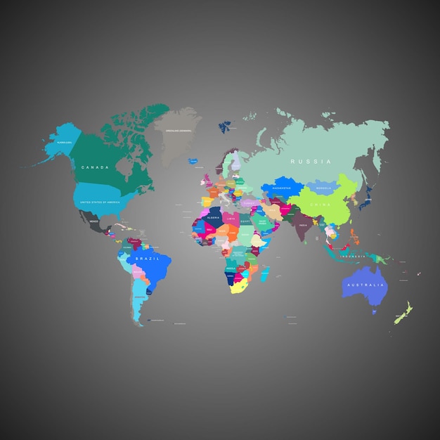 Vecteur de carte du monde avec fond noir et blanc et nom de pays différent