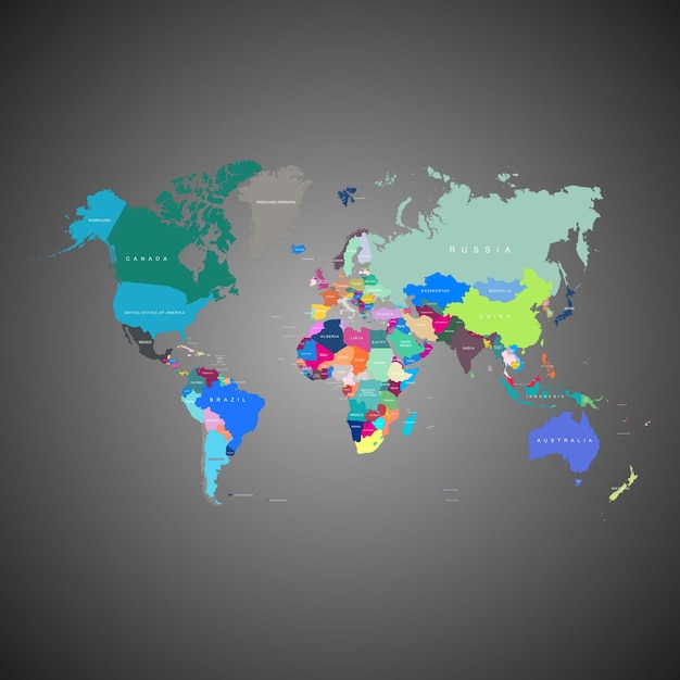 Vecteur De Carte Du Monde Avec Fond Noir Et Blanc Et Nom De Pays Différent