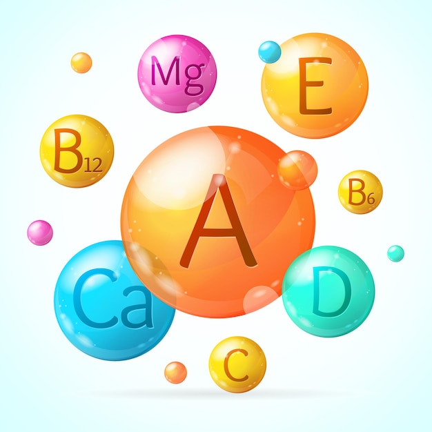 Vecteur vecteur de carte de fond de vitamines et de minéraux 3d détaillé réaliste