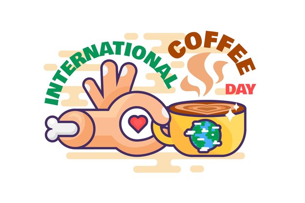 Vecteur De Célébration Mondiale De La Journée Internationale Du Café. Main Tenant Une Tasse Avec Une Boisson Chaude énergétique Aromatique, Une Boisson D'amour Avec De La Caféine. Tasse Avec Illustration De Dessin Animé Plat Expresso Ou Latte