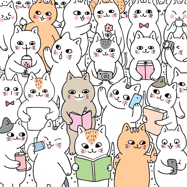 Vecteur De Chats De Dessin Animé Mignon Doodle Lifestyle.