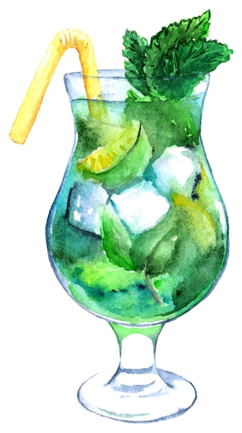 Vecteur De Cocktail Aquarelle Mojito Citron Vert Glace Menthe Isolé