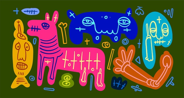 Vecteur Coloré Abstrait Doodle Art Illustration Animale Et Humaine Pour L'été