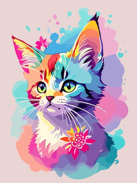 Vecteur vecteur coloré un chat mignon couleur pastel watersplash art illustration conception affiche