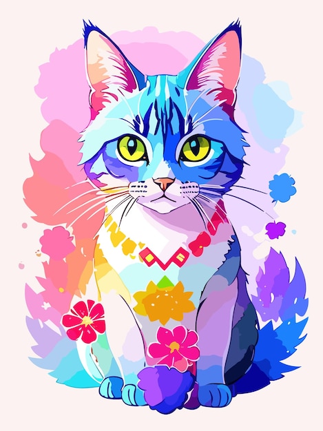 Vecteur Coloré Un Chat Mignon Couleur Pastel Watersplash Art Illustration Conception Affiche