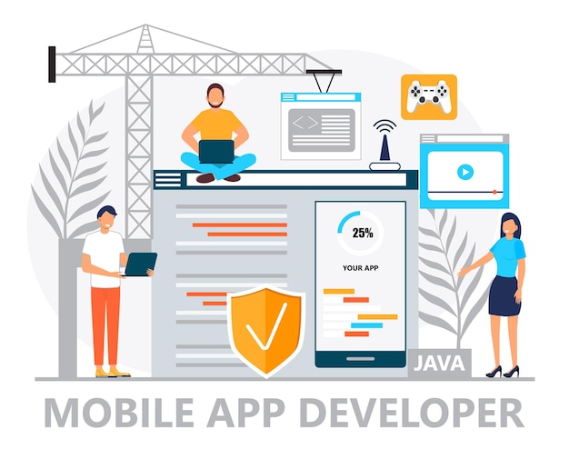 Vecteur de concept de développeur Web pour la page de destination Le programmeur construit un site Web à l'aide d'une grue et écrit du code Ingénieur logiciel travaillant dans la technologie numérique ou IA Développement de logiciels