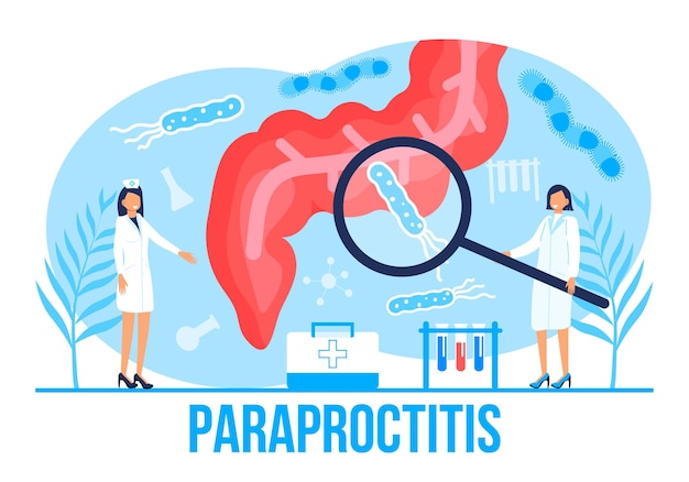 Vecteur vecteur de concept de para rectite pour le blog d'applications web médicales les médecins de l'intestin examinent le traitement de la dysbiose un petit thérapeute de proctologie fait une coloscopie proctologue