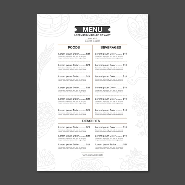 Vecteur de conception du modèle de menu