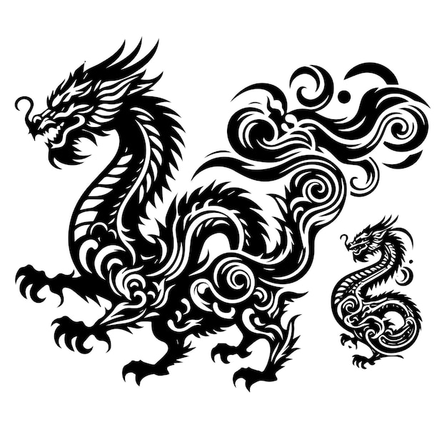 Vecteur le vecteur de conception du tatouage chinois tribal du dragon noir