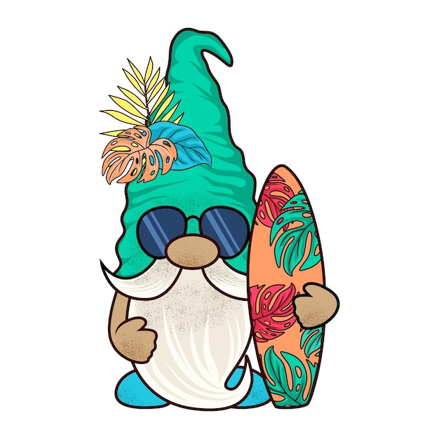 Vecteur vecteur de conception d'illustration de gnomes d'été avec planche de surf