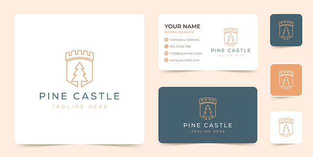 Vecteur De Conception De Logo De Château De Pin Avec Modèle De Carte De Visite