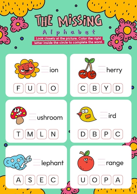 Vecteur vecteur de conception plat manquant alphabet abc mot puzzle feuille d'exercice imprimable pour les enfants activité