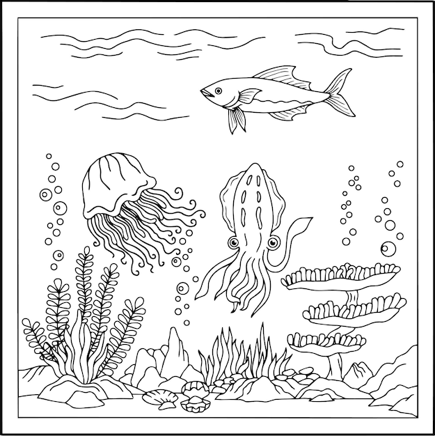 Vecteur De Conception Sous La Page De Coloriage De La Mer Pour Enfant