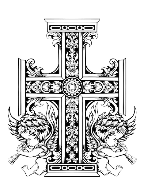 vecteur de conception de tatouage croix et petit ange