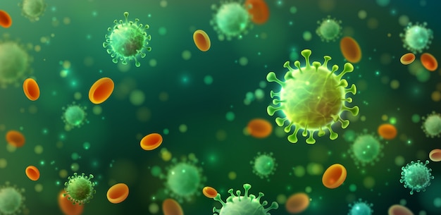 Vecteur de Coronavirus 2019-nCoV et fond de virus avec des cellules de maladie.Éclosion de virus Corona COVID-19 et concept de risque médical pandémique.