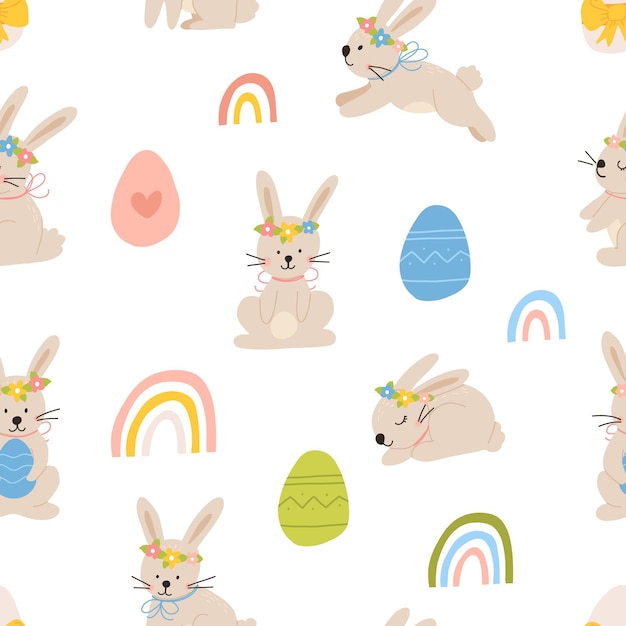 Vecteur Couleur Dessinée à La Main Enfants Mignon Modèle Sans Couture De Pâques Avec Poules Lapin Oeufs De Pâques Fleurs Dans Un Style Scandinave Ensemble Coloré De Pâques Fond De Printemps Dessin Animé Doodle Joyeuses Pâques