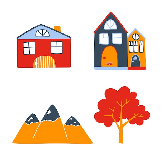 Vecteur Défini Avec De Jolies Maisons Colorées, Des Montagnes Et Des Arbres Dans Un Style Doodle