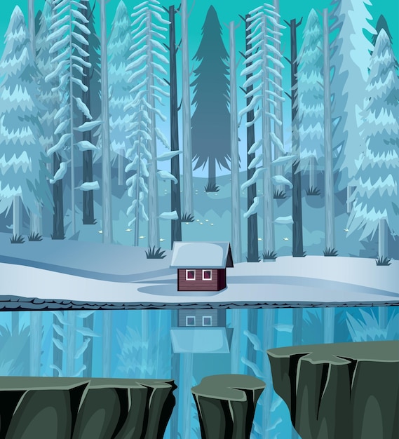vecteur de dessin animé de fond de jeu, chalet sur un lac gelé