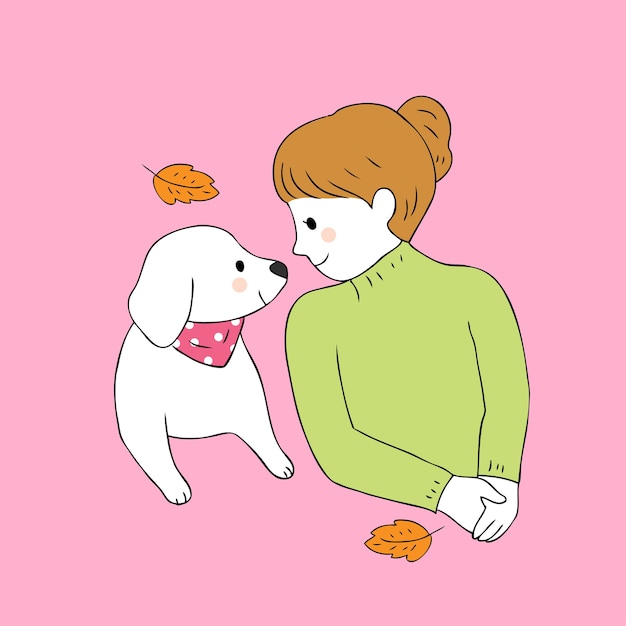 Vecteur De Dessin Animé Mignon Chien Et Femme Automne.