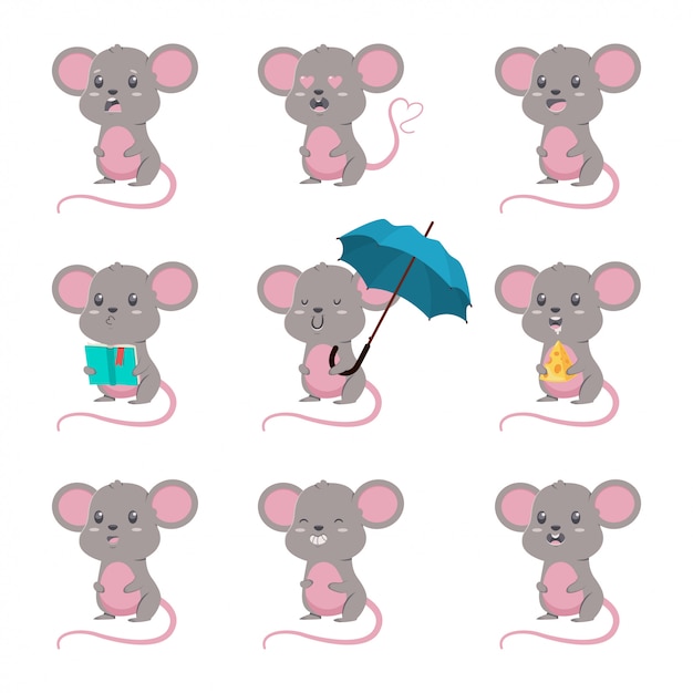 Vecteur vecteur de dessin animé mignon souris définie. illustration de caractère de souris avec différentes émotions isolées