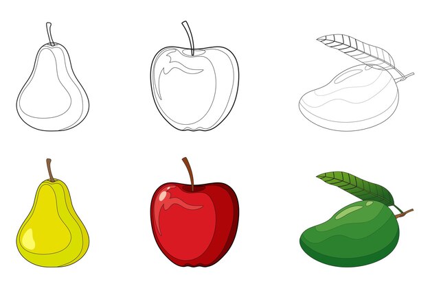 Vecteur vecteur, dessin, livre, de, pomme, mangue, et, poire, fruits