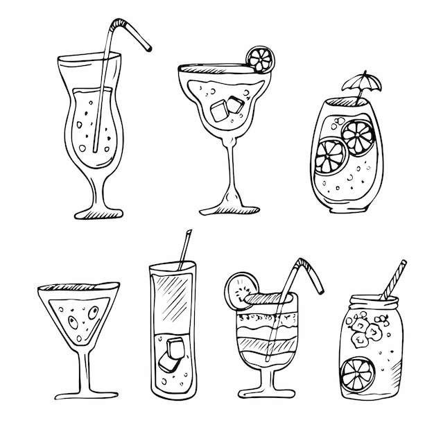 Vecteur doodle ensemble de cocktails et boissons alcoolisées Line cocktails tropicaux et jus d'été