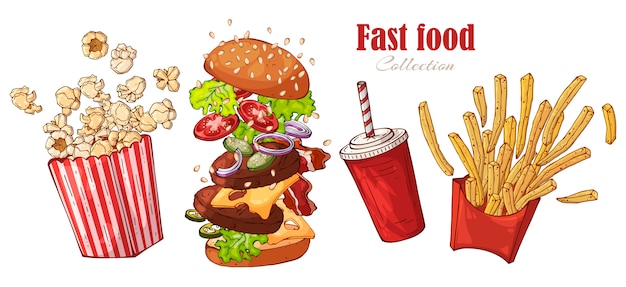 Vecteur Fast-food: Burger, Frites, Pop-corn, Boisson.