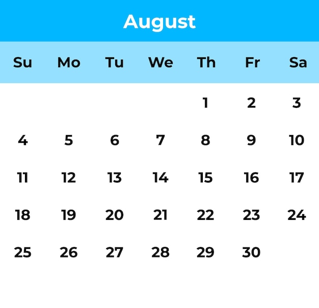 Vecteur feuille de calendrier d'août 2024