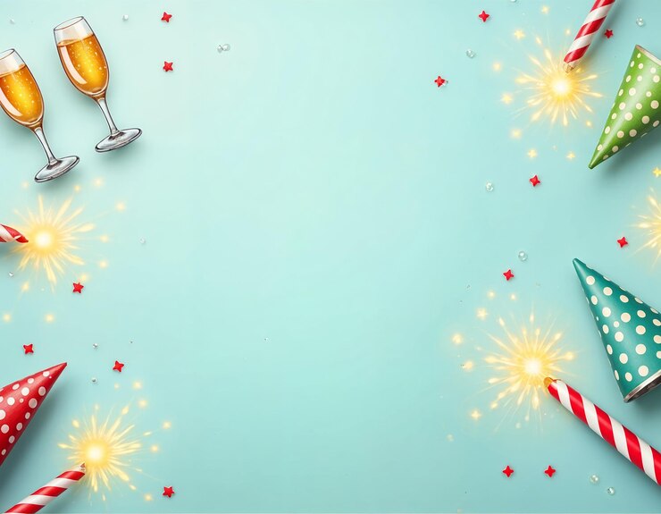 Vecteur vecteur de feux d'artifice et d'étincelles avec des verres de champagne et des étoiles avec des chapeaux de fête dessus