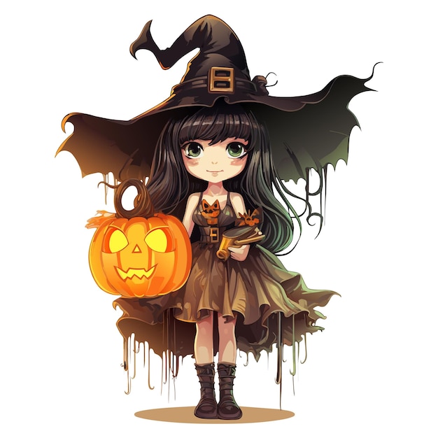 vecteur halloween fille avec des citrouilles une sorcière avec chapeau une fille magicienne avec jack o lantern illustration vectorielle sur fond blanc