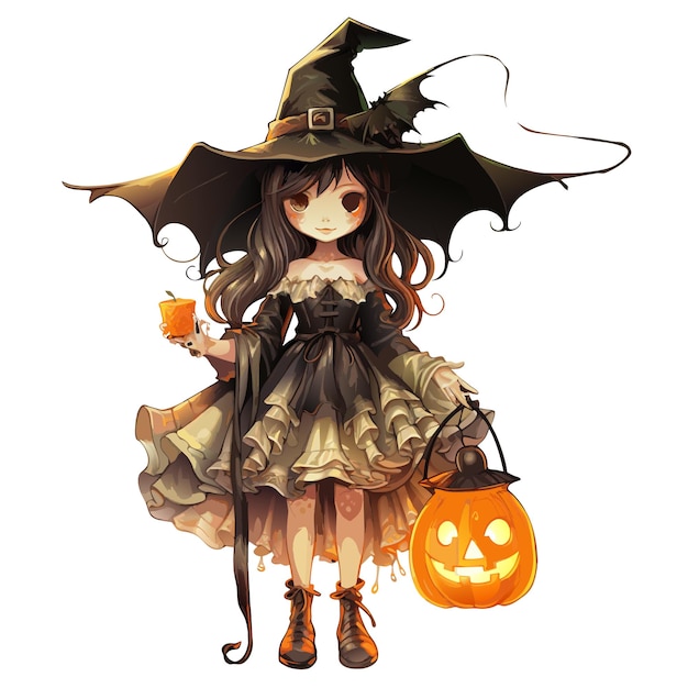 Vecteur Halloween Fille Avec Des Citrouilles Une Sorcière Avec Chapeau Une Fille Magicienne Avec Jack O Lantern Illustration Vectorielle Sur Fond Blanc