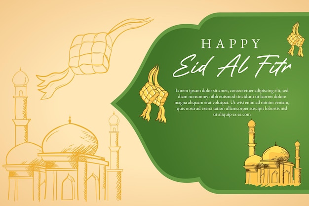 Vecteur d'illustration eid al fitr dessiné à la main avec mosquée et ketupat