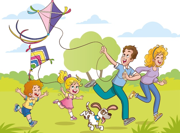 Un Vecteur Illustration D'une Famille Heureuse Avec Des Enfants S'amusant Avec Cerf-volant Kitefamily Voler Un Cerf-volant