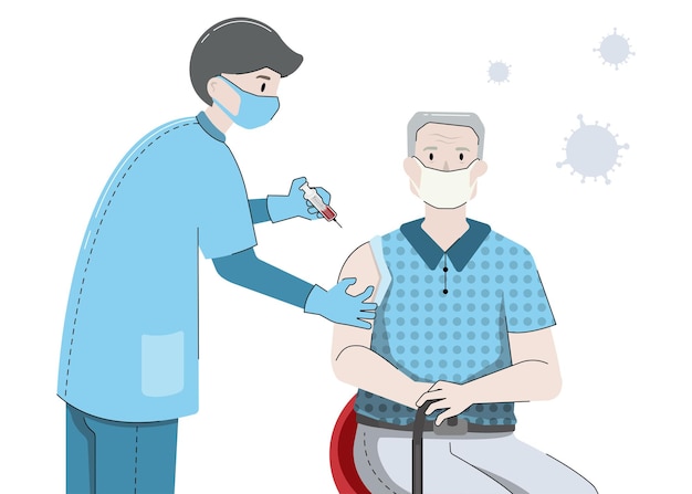 Vecteur d'illustration isolé du médecin et de l'ancien patient à temps pour le concept de vaccin contre le coronavirus