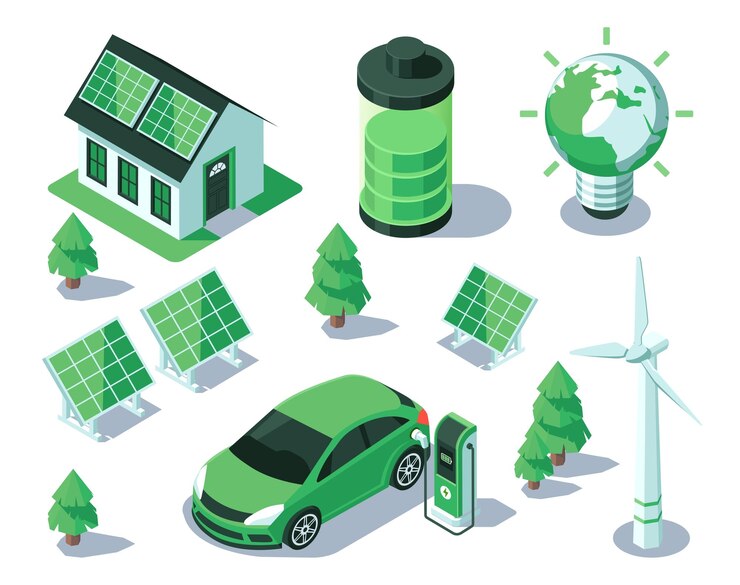 Vecteur d'illustration isométrique d'énergie renouvelable isolé sur fond blanc