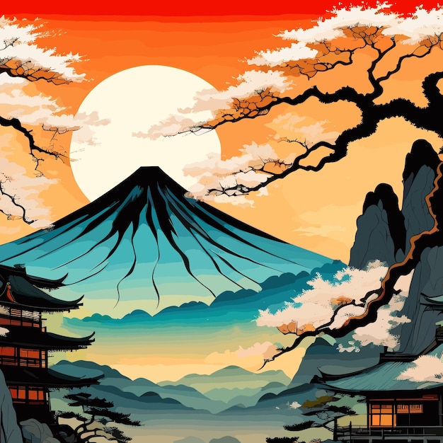 Vecteur un vecteur d'illustration de peinture de nature de style japonais oriental