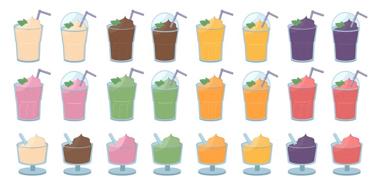 Vecteur d'illustration de tasse de crème glacée et de smoothies aux fruits boire des tasses et des verres isolés sur blanc
