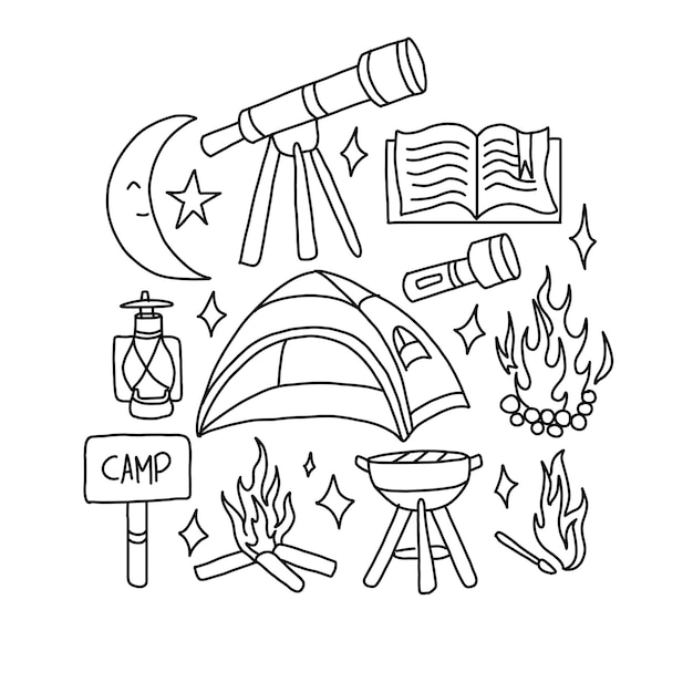 vecteur d'illustrations de doodle dessinés à la main de camping