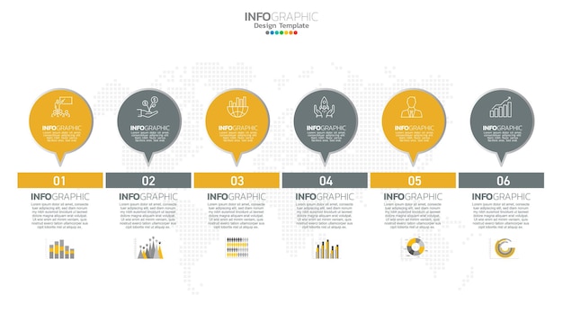 Le Vecteur Infographique De La Chronologie Avec 6 étapes Peut être Utilisé Pour La Conception Web Du Rapport Annuel Du Diagramme De Mise En Page Du Flux De Travail