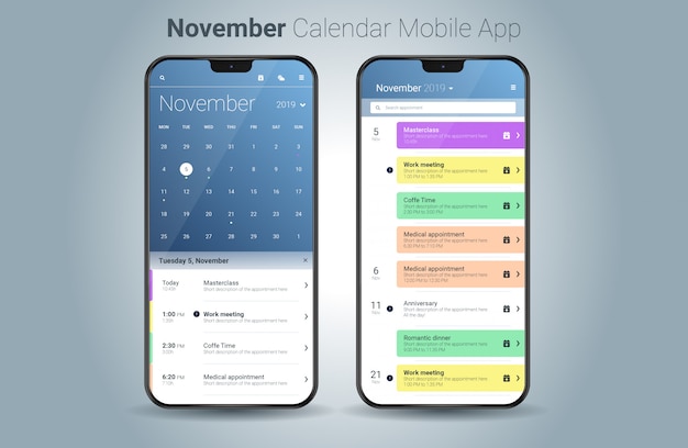 Vecteur vecteur de l'interface utilisateur légère de novembre calendrier application mobile