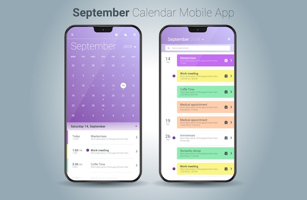 Vecteur vecteur de l'interface utilisateur légère de septembre calendrier application mobile